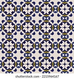 Seamless illustrated pattern made of abstract elements in beige,green, yellow and shades of blue