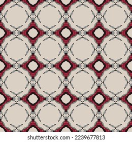 Seamless illustrated pattern made of abstract elements in beige, gray, black, brown and red