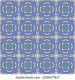 Seamless illustrated pattern made of abstract elements in white, shades of blue and turquoise