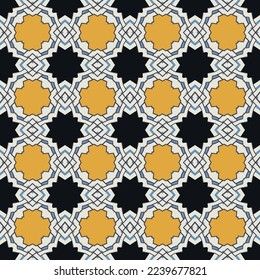 Seamless illustrated pattern made of abstract elements in white, blue, black and orange