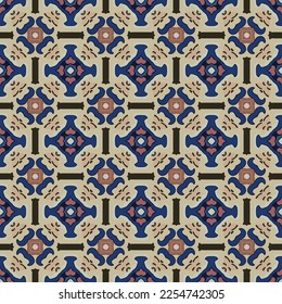 Seamless illustrated pattern made of abstract elements in beige, red, brown, shades of blue and black