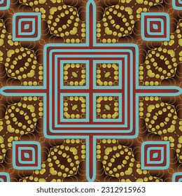 Seamless illustrated pattern made of abstract elements in red, blue and yellow