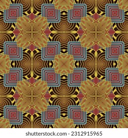 Seamless illustrated pattern made of abstract elements in red, blue and yellow