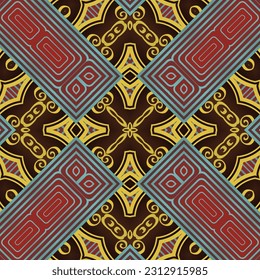 Seamless illustrated pattern made of abstract elements in red, blue and yellow