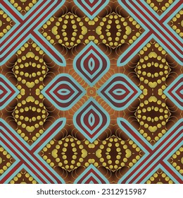 Seamless illustrated pattern made of abstract elements in red, blue and yellow