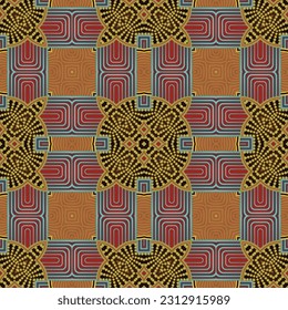 Seamless illustrated pattern made of abstract elements in red, blue and yellow