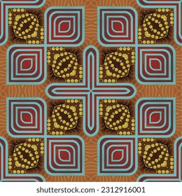 Seamless illustrated pattern made of abstract elements in red, blue and yellow