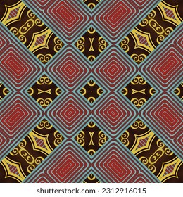 Seamless illustrated pattern made of abstract elements in red, blue and yellow
