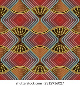 Seamless illustrated pattern made of abstract elements in red, blue and yellow