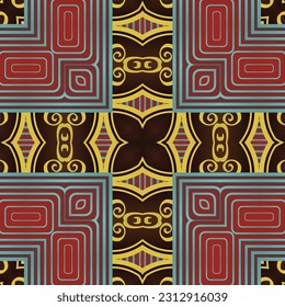 Seamless illustrated pattern made of abstract elements in red, blue and yellow