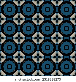 Seamless illustrated pattern made of abstract elements in beige, geen, blue and black