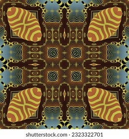 Seamless illustrated pattern made of abstract elements in beige, blue and brown