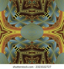 Seamless illustrated pattern made of abstract elements in beige, blue and brown