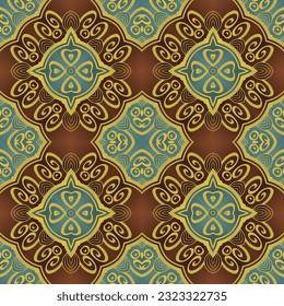 Seamless illustrated pattern made of abstract elements in beige, blue and brown