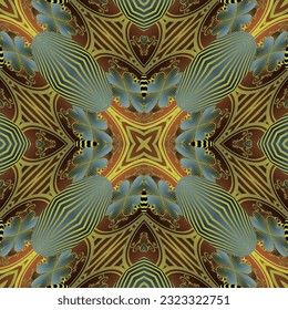 Seamless illustrated pattern made of abstract elements in beige, blue and brown