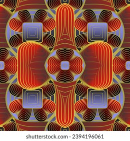 Seamless illustrated pattern made of abstract elements in beige, blue and red