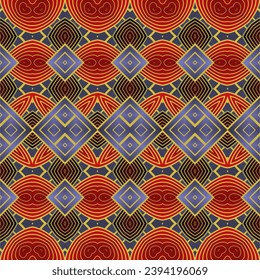 Seamless illustrated pattern made of abstract elements in beige, blue and red