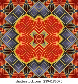 Seamless illustrated pattern made of abstract elements in beige, blue and red