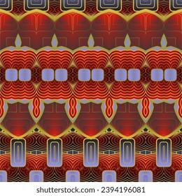 Seamless illustrated pattern made of abstract elements in beige, blue and red