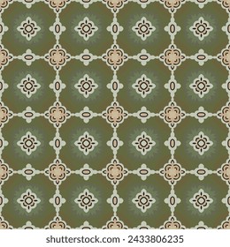 Seamless illustrated pattern made of abstract elements in beige, pink, black and shades of green