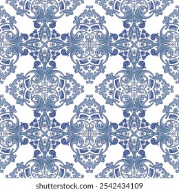 Seamless illustrated pattern made of abstract blue elements on white