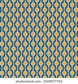 Seamless illustrated pattern made of abstract elements in beige, blue and yellow
