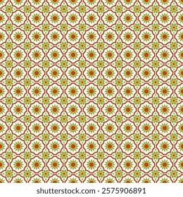 Seamless illustrated pattern made of abstract elements in beige, green and orange