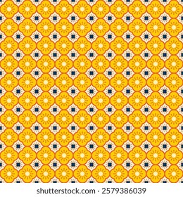 Seamless illustrated pattern made of abstract elements in yellow, orange and black