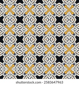 Seamless illustrated pattern made of abstract elements in white, orange, blue and black