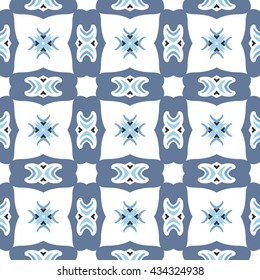 Seamless illustrated pattern made of abstract blue elements on white