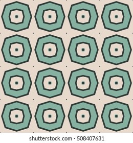 Seamless illustrated pattern made of abstract elements in beige, turquoise and black