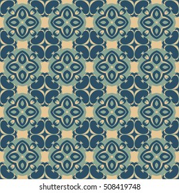 Seamless illustrated pattern made of abstract elements in beige, blue and turquoise