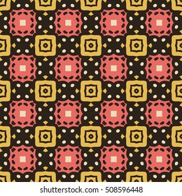 Seamless illustrated pattern made of abstract elements in red, yellow and black