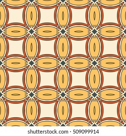 Seamless illustrated pattern made of abstract elements in beige, orange, red and black