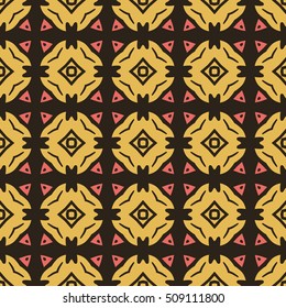 Seamless illustrated pattern made of abstract elements in red, yellow and black