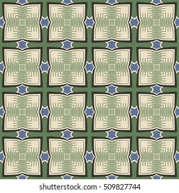 Seamless illustrated pattern made of abstract elements in beige, green,black and blue