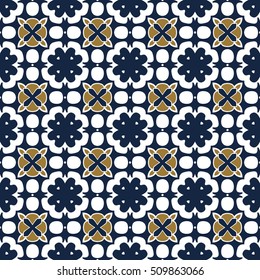 Seamless illustrated pattern made of abstract elements in white, blue and brown