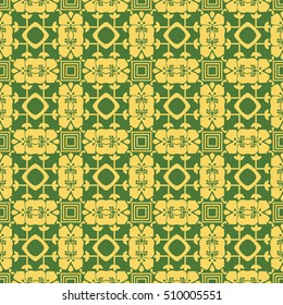 Seamless illustrated pattern made of abstract elements in green and yellow