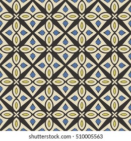 Seamless illustrated pattern made of abstract elements in beige, blue, yellow and black