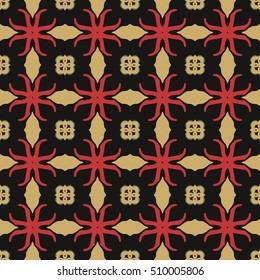 Seamless illustrated pattern made of abstract elements in black, red and beige