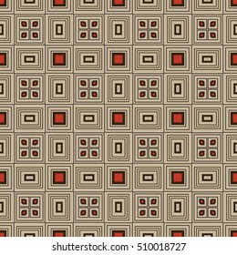Seamless illustrated pattern made of abstract elements in beige, red and black