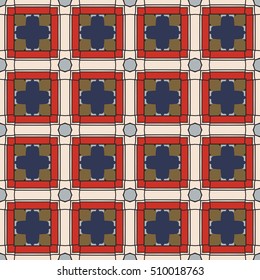 Seamless illustrated pattern made of abstract elements in white, red, blue, brown and black