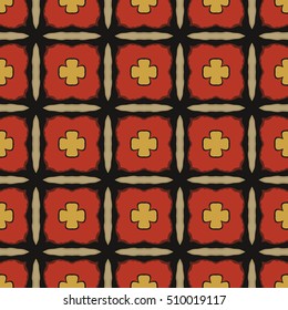 Seamless illustrated pattern made of abstract elements in red, beige, yellow and black