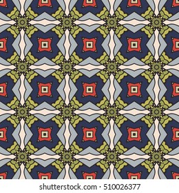 Seamless illustrated pattern made of abstract elements in beige, blue, yellow and red