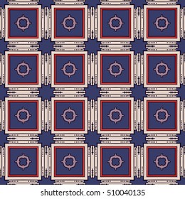 Seamless illustrated pattern made of abstract elements in beige, blue, red and black