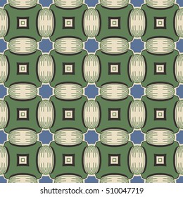 Seamless illustrated pattern made of abstract elements in beige, green, blue and black