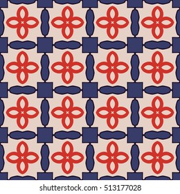 Seamless illustrated pattern made of abstract elements in beige, red, blue and black
