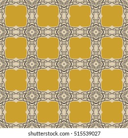 Seamless illustrated pattern made of abstract elements in beige,black and yellow
