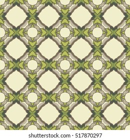 Seamless illustrated pattern made of abstract elements in beige, brown and green