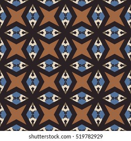 Seamless illustrated pattern made of abstract elements of brown, red, blue and beige
